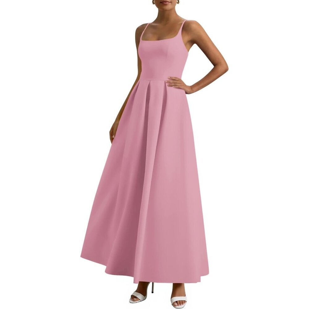Women Pink Elegant Ruffle A Line Long Summer Wedding Guest Maxi Dress